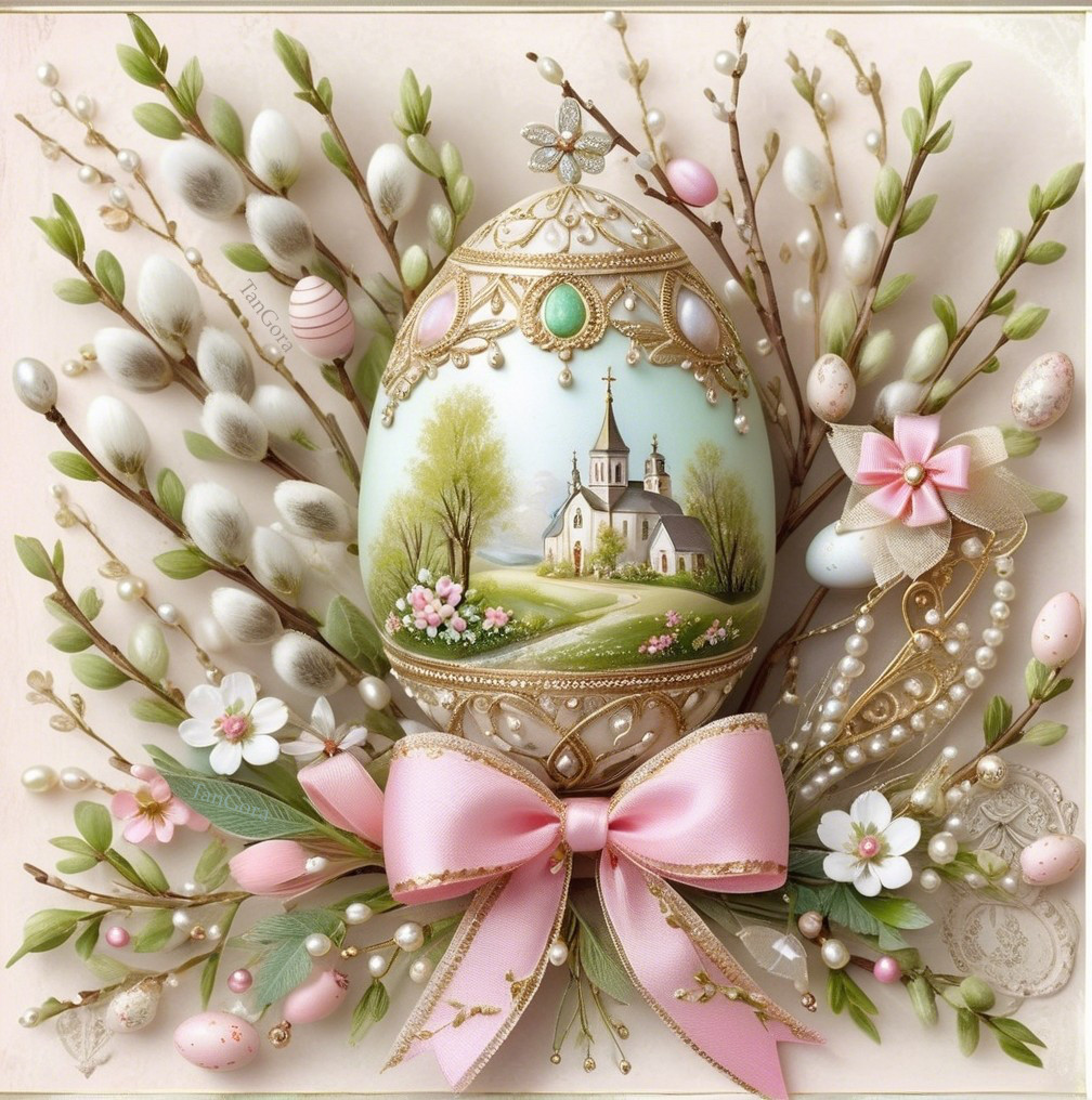 Intricately Decorated Easter Egg with Pastoral Scene