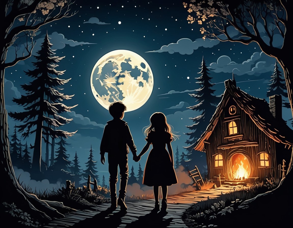 Children Under a Full Moon in a Tranquil Landscape