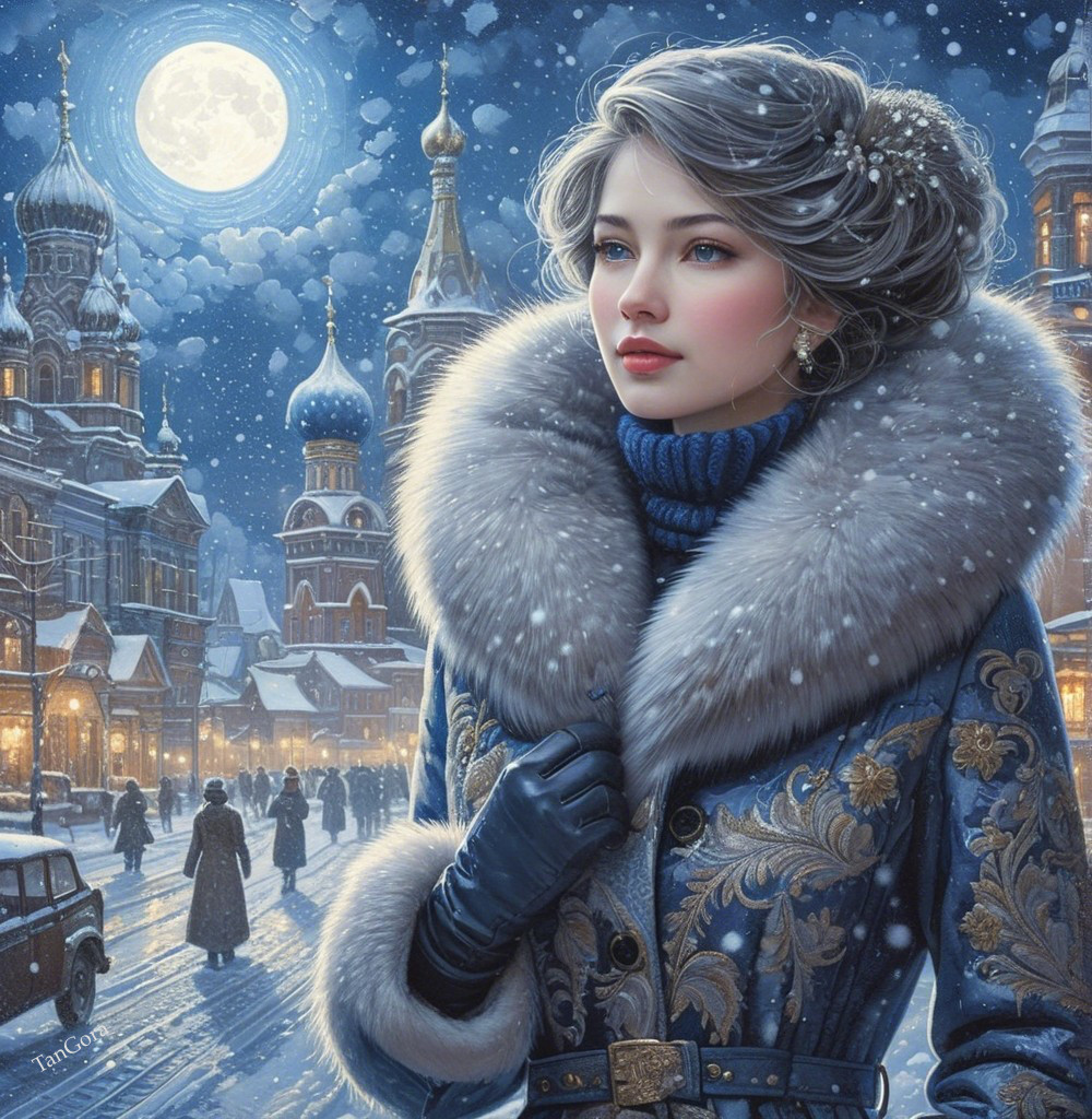 Young Woman in Elegant Winter Attire in Snowy City