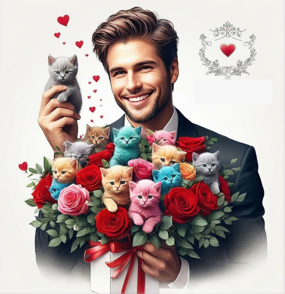 Handsome man in suit with roses and playful kittens