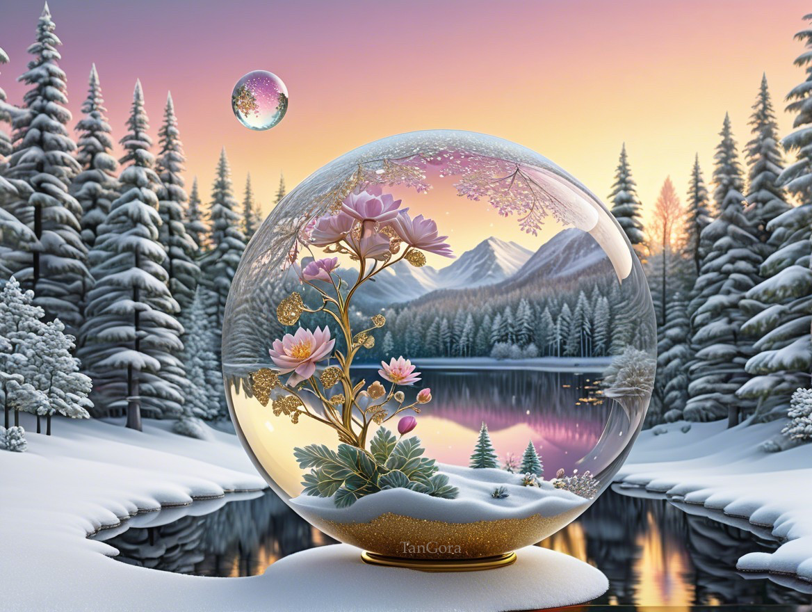 Snow Globe Scene with Pink Flowers and Winter Landscape