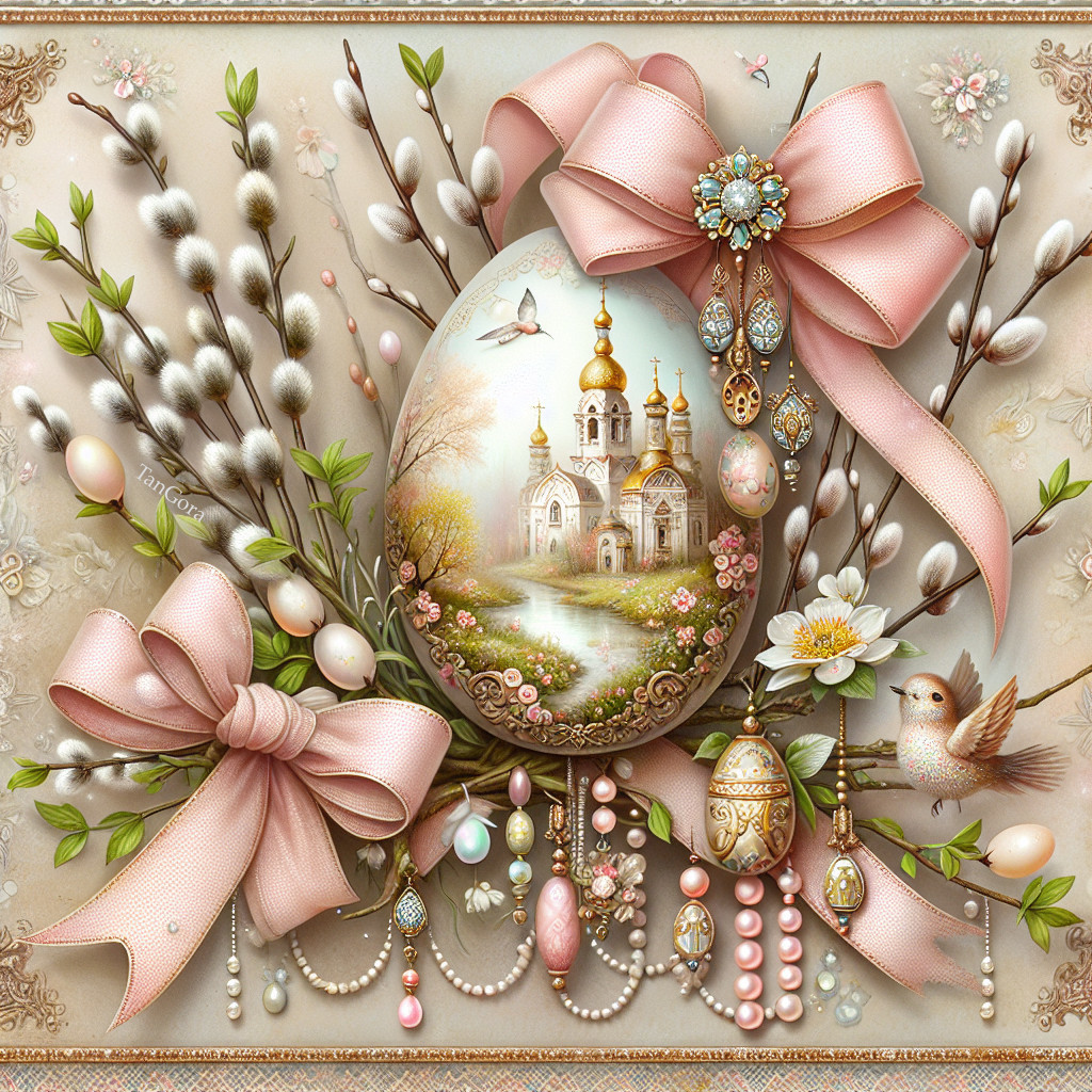 Easter Egg with Church Scene and Floral Decor