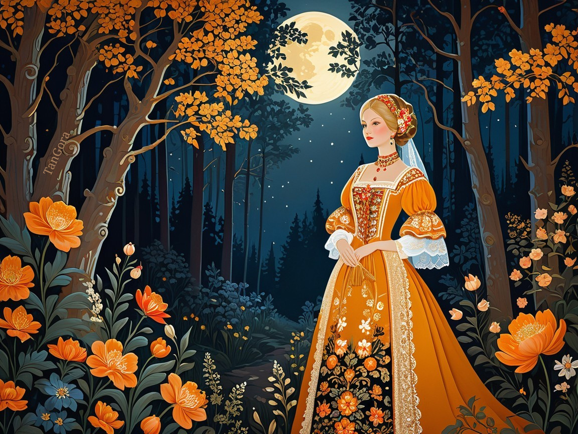 Woman in Orange Gown in Lush Forest at Night