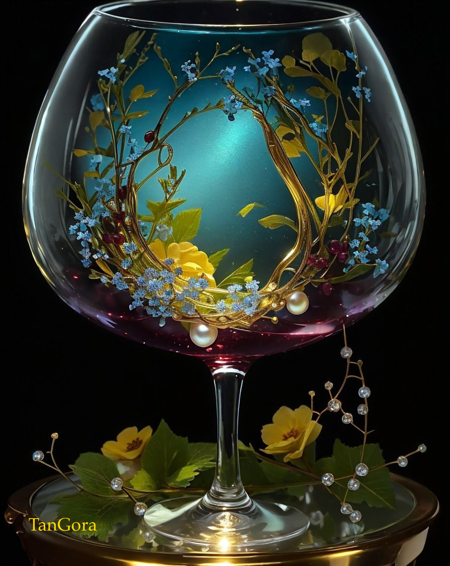 Floral and pearl arrangement in large wine glass on teal backdrop
