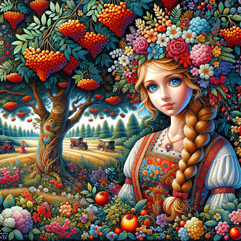 Countryside Scene with Woman in Floral Crown and Dress