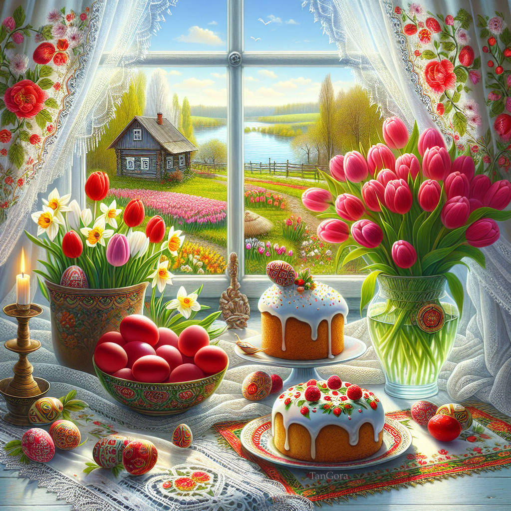 Spring Scene with Floral Curtains and Easter Decor
