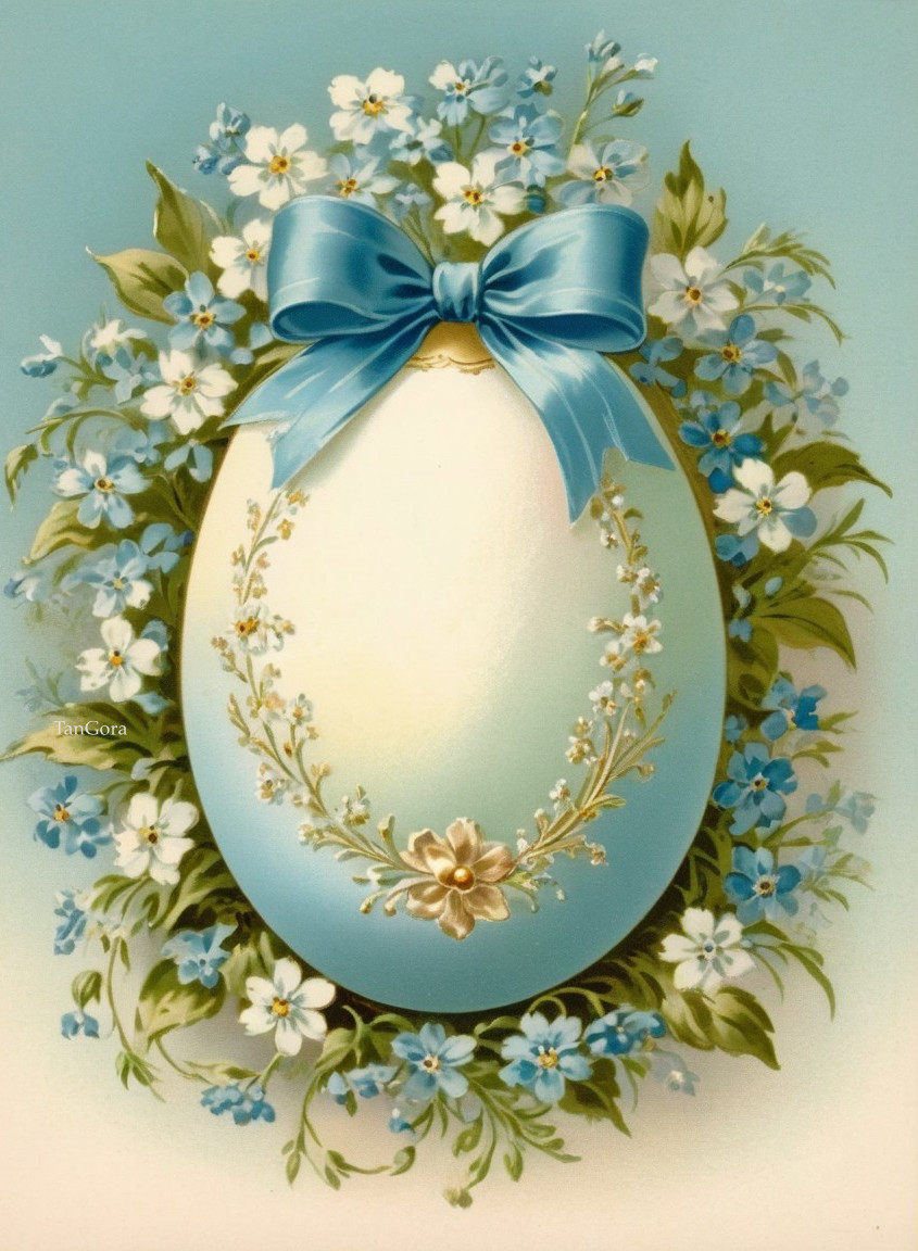 Easter Egg Surrounded by Blue Flowers and Greenery