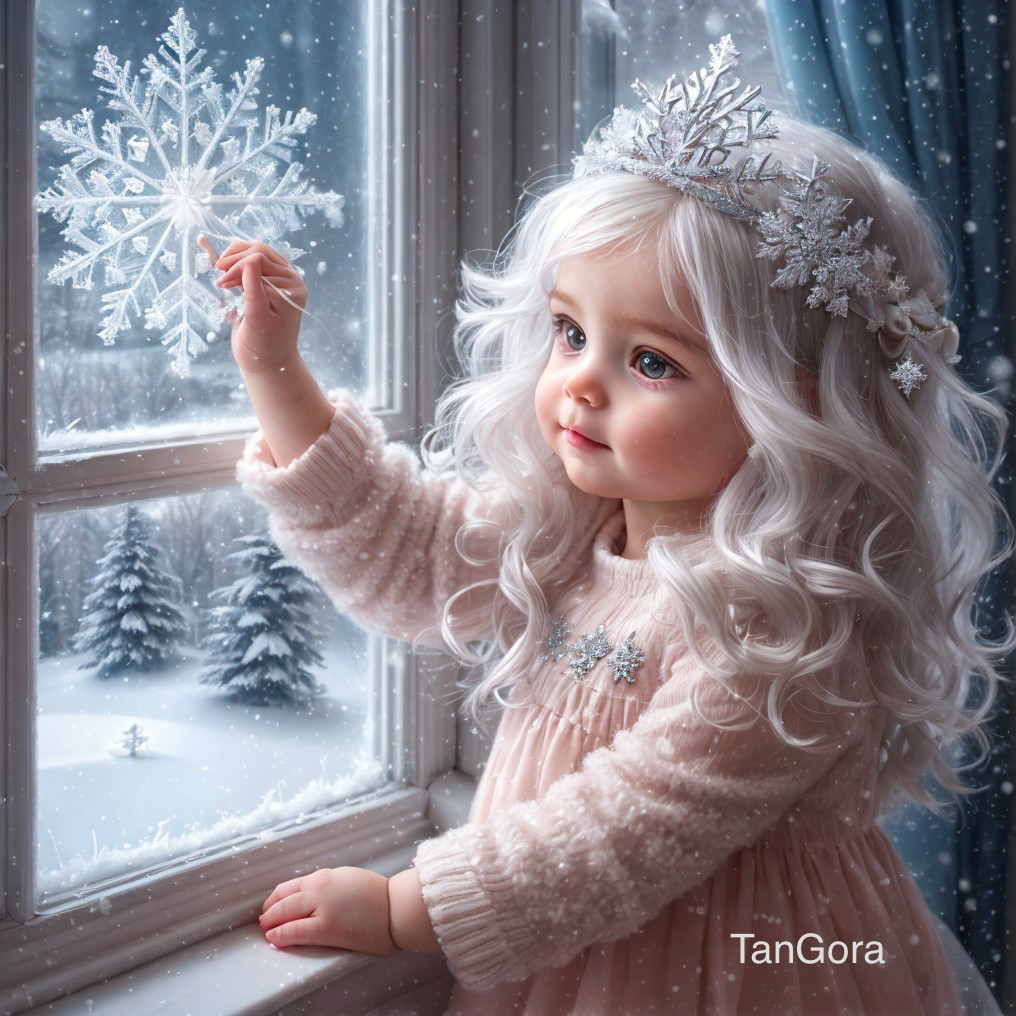 Blond child in pink sweater with snowflake headband looks at drawn snowflake on windowpane in