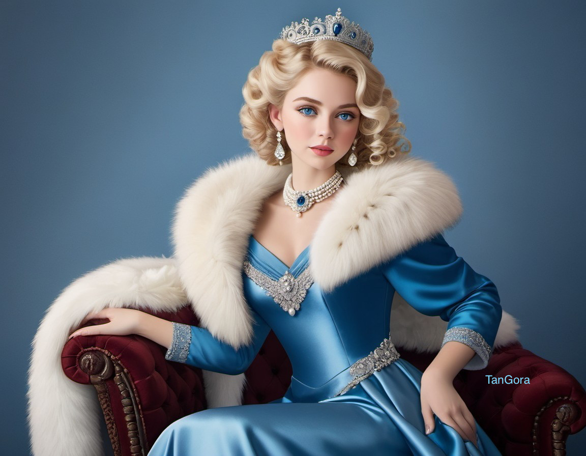 Digital artwork: Woman in royal attire on red chair against blue background