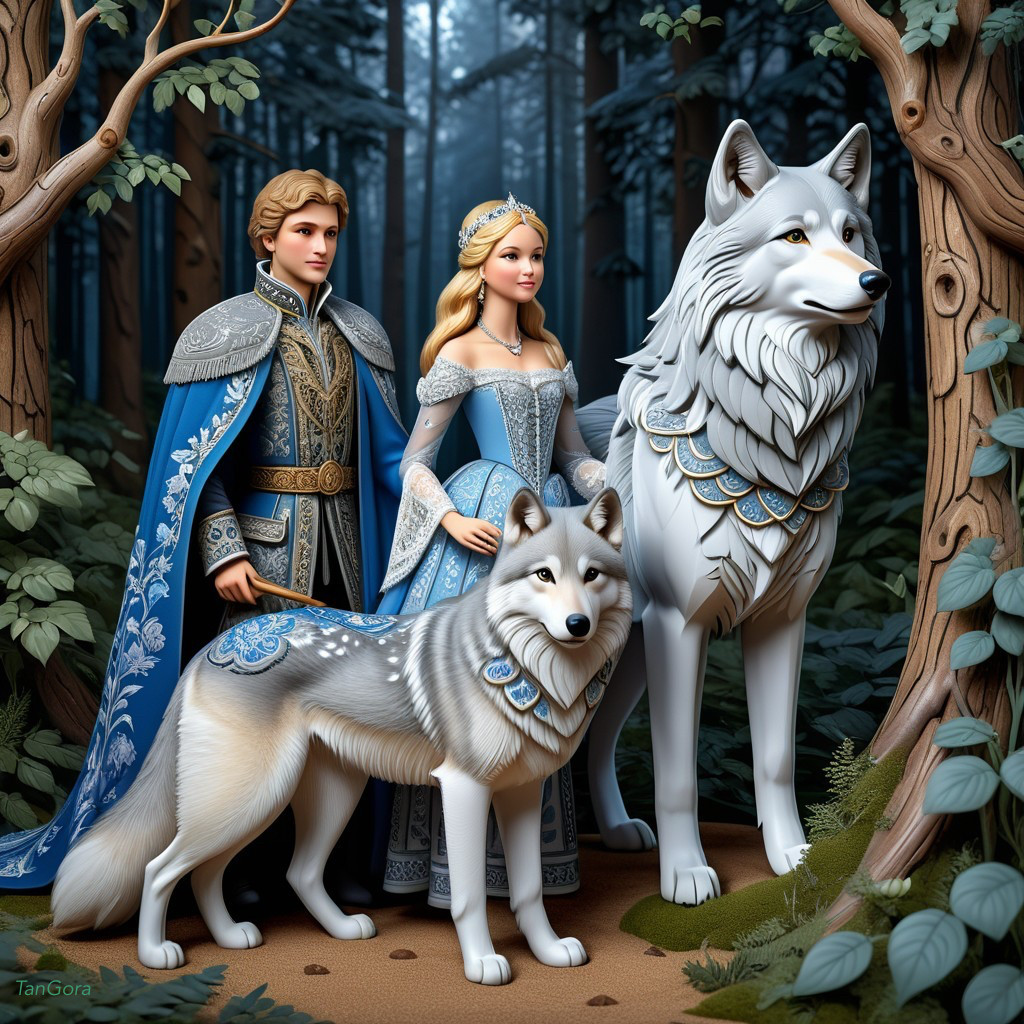 Prince and princess in elegant attire with wolves in forest