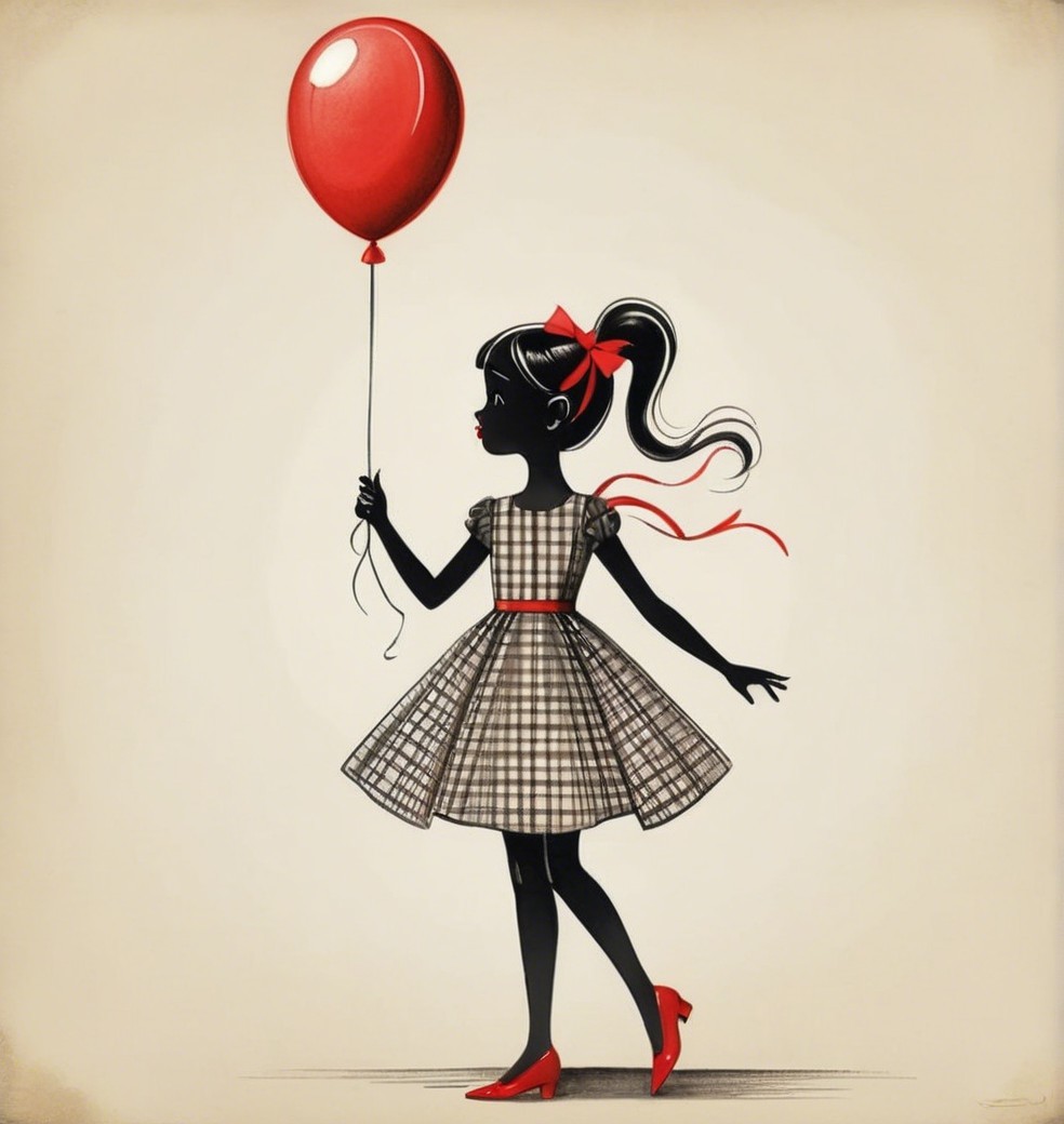 Silhouette of a girl with balloon and checkered dress