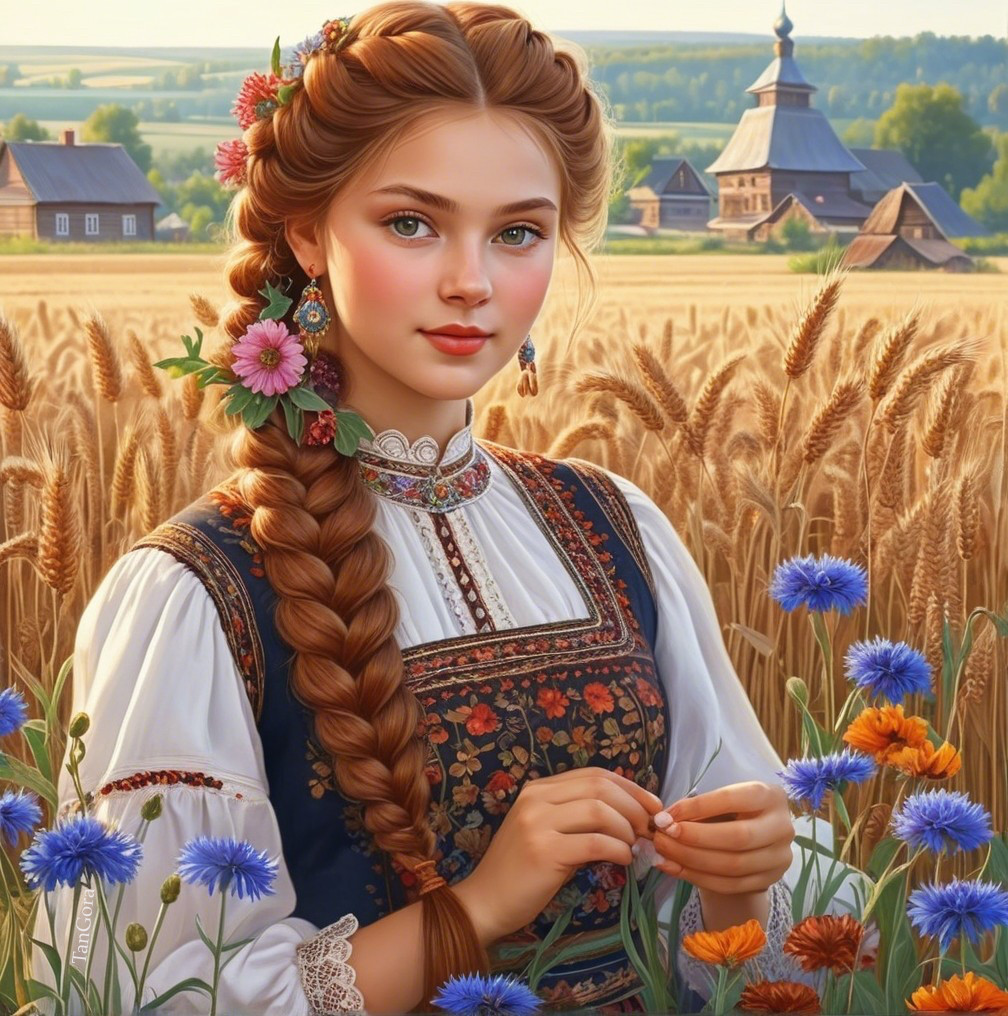 Young Woman in Embroidered Dress in Golden Field