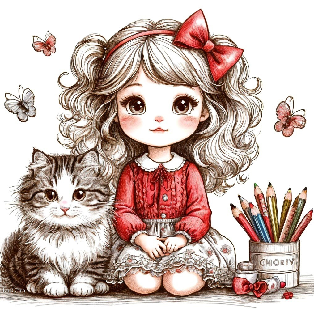 Whimsical Illustration of Girl with Cat and Butterflies