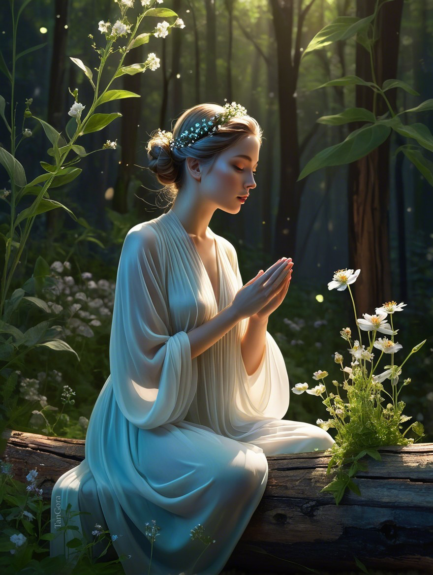 Serene Figure in White Gown Surrounded by Nature