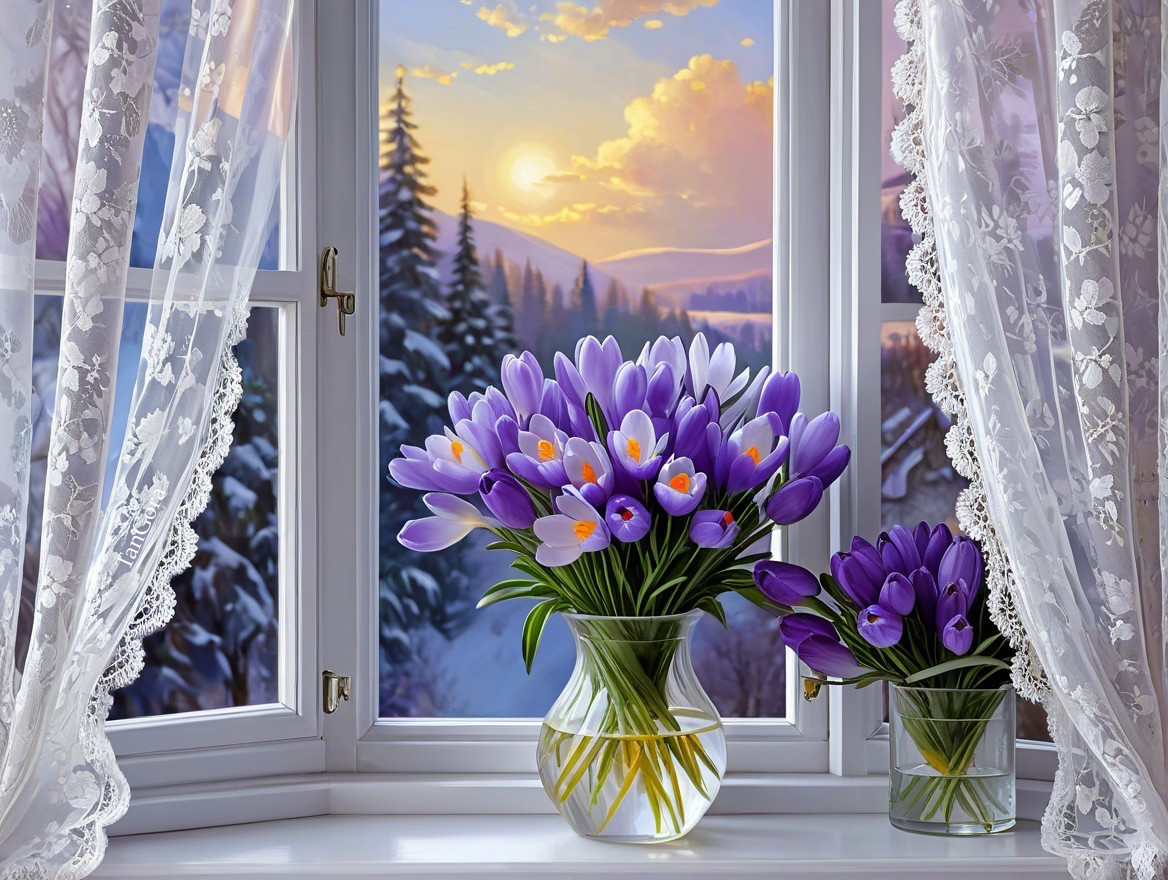 Cozy Window Scene with Crocuses and Winter Landscape