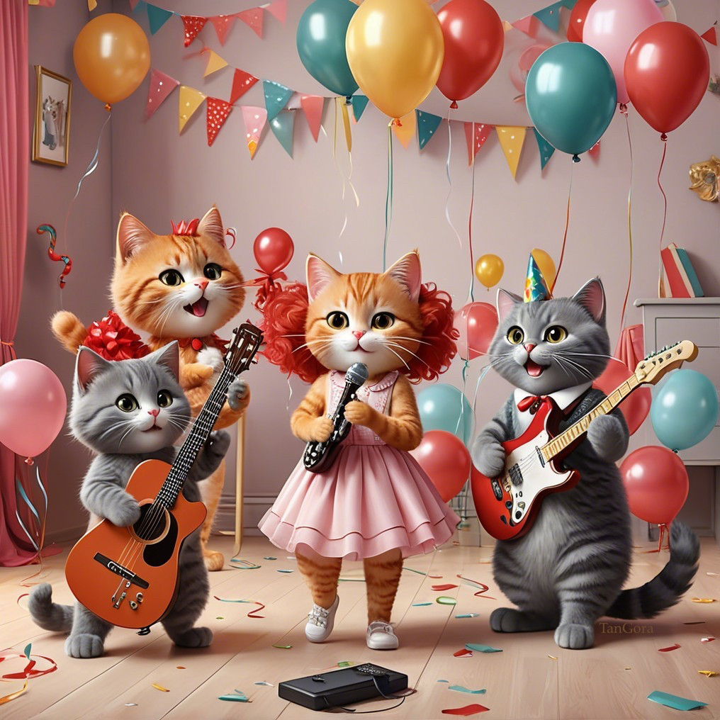 Cartoon Cats Celebrating in a Colorful Party Room