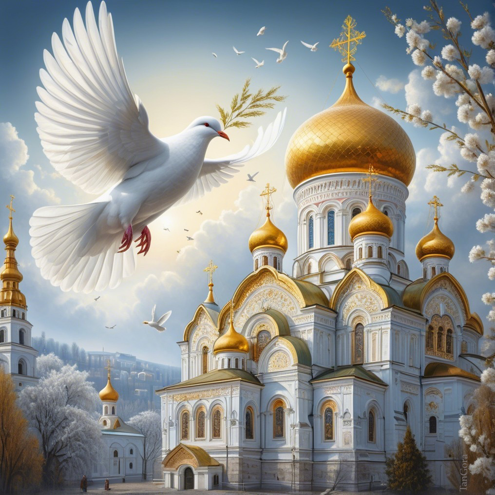 White Dove and Golden-Domed Cathedral in Winter Sky