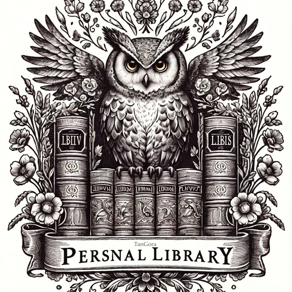 Black and White Owl Illustration with Ornate Books