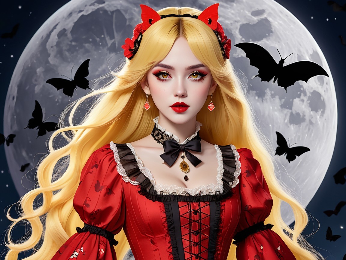 Gothic Elegance in a Red Dress with Moonlit Backdrop