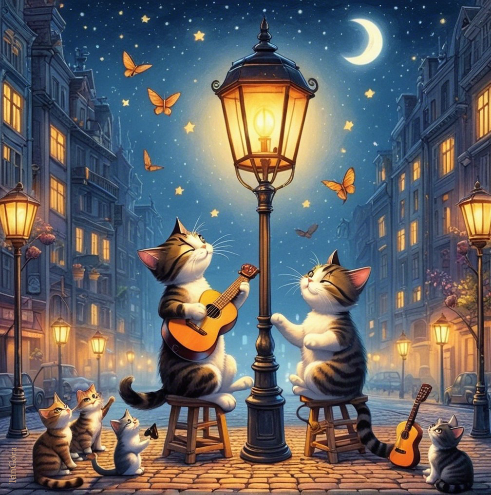 Cats Playing Guitars Under a Street Lamp at Night