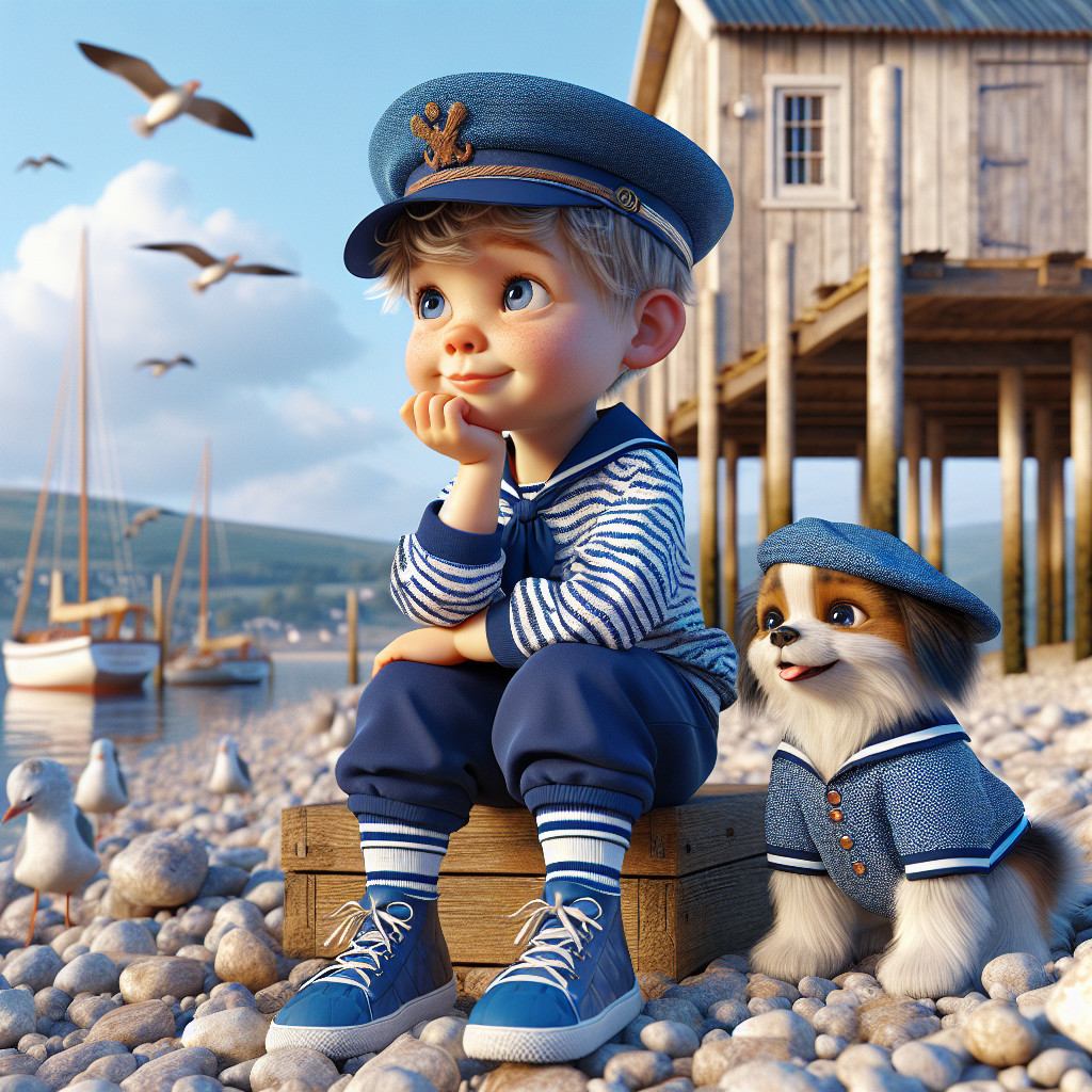 Young Boy in Sailor Outfit by the Water with Dog