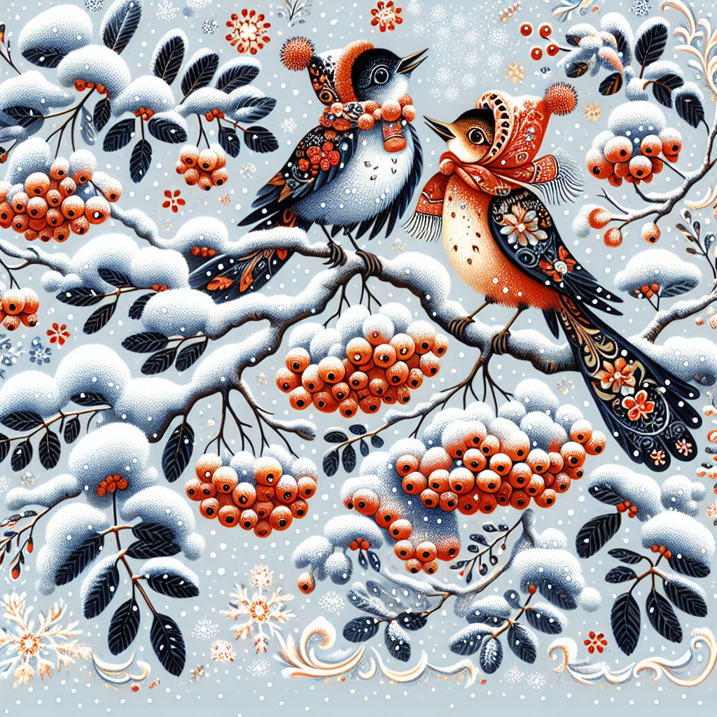 Whimsical Birds on Snowy Branches with Berries