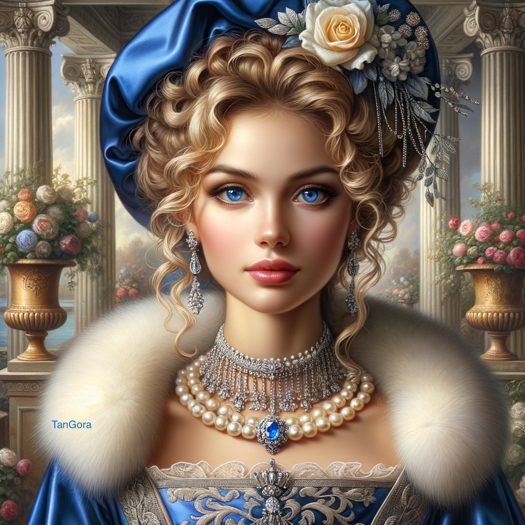 Blonde Curly-Haired Woman in Blue Satin Dress with Jewelry