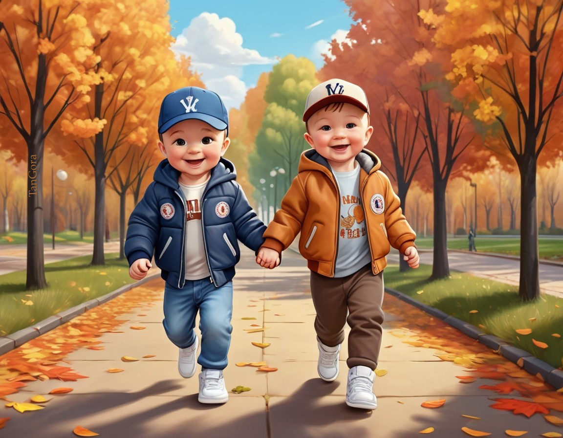 Young boys walking in a scenic autumn park