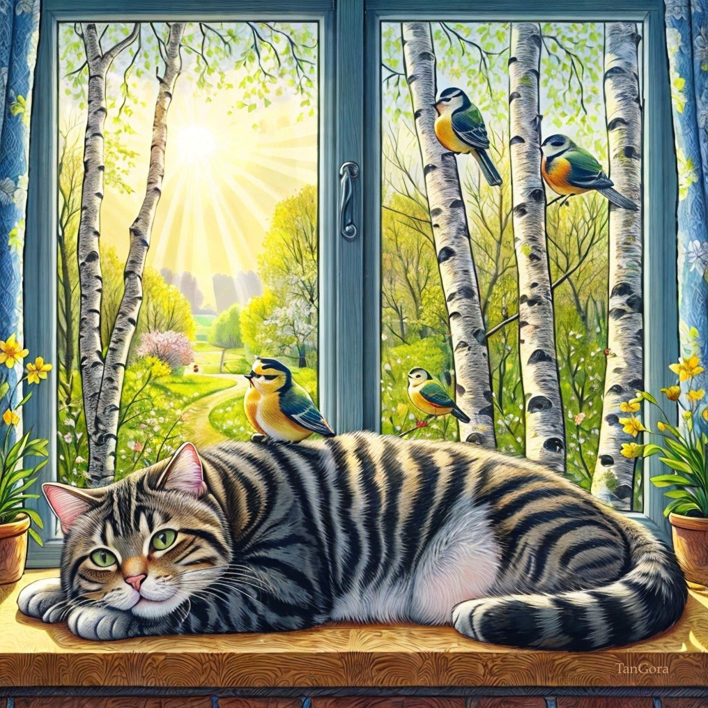 Serene Scene of a Tabby Cat on a Sunlit Windowsill