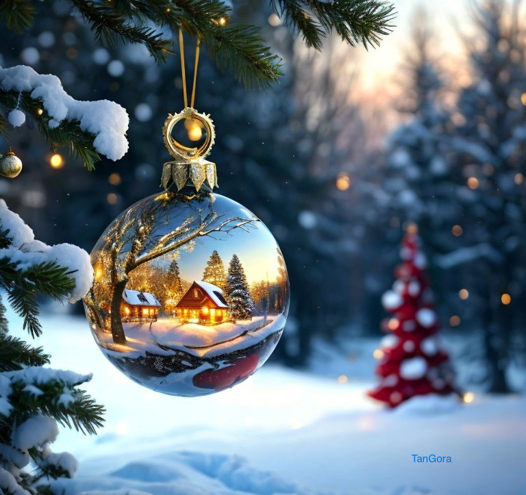 Reflective Christmas Ornament with Cozy Cottage in Snowy Landscape