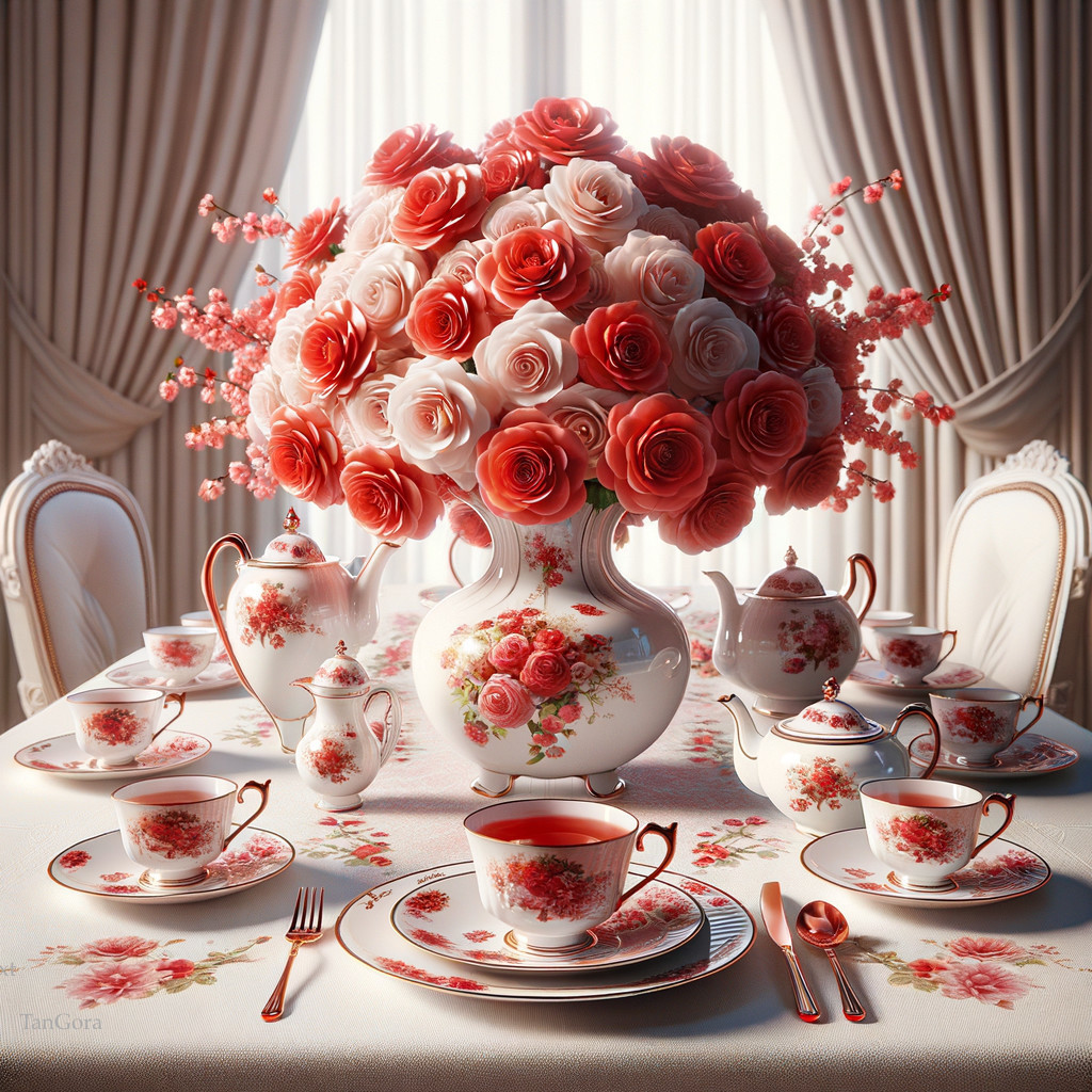 Elegant Dining Table with Floral Teacups and Roses