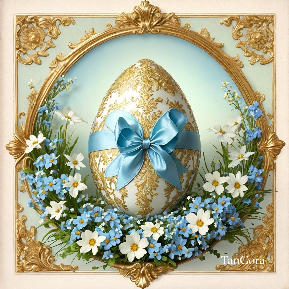 Ornate Golden Egg with Blue Bow and Floral Accents