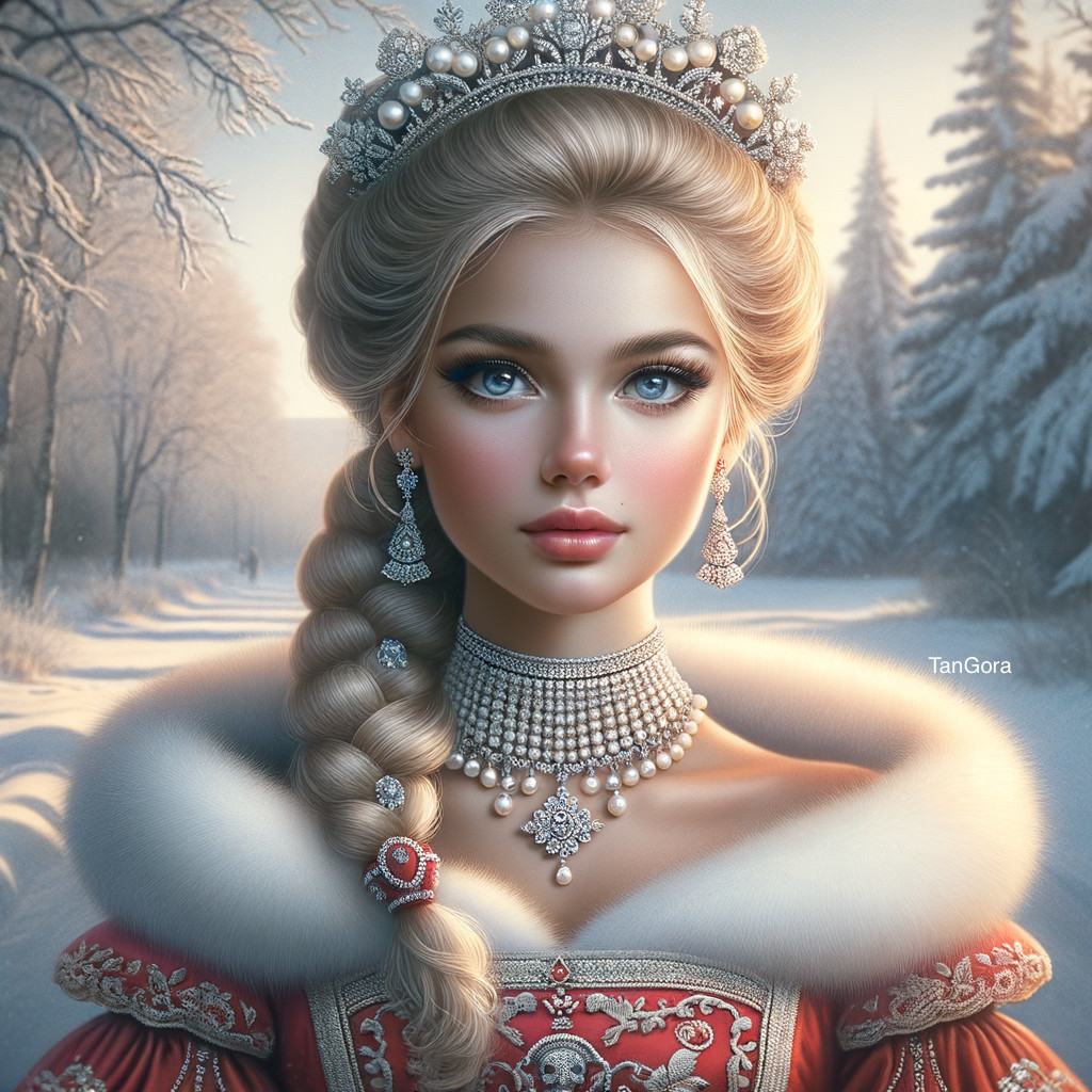 Regal woman with braided hairstyle and jeweled accessories in snowy forest.