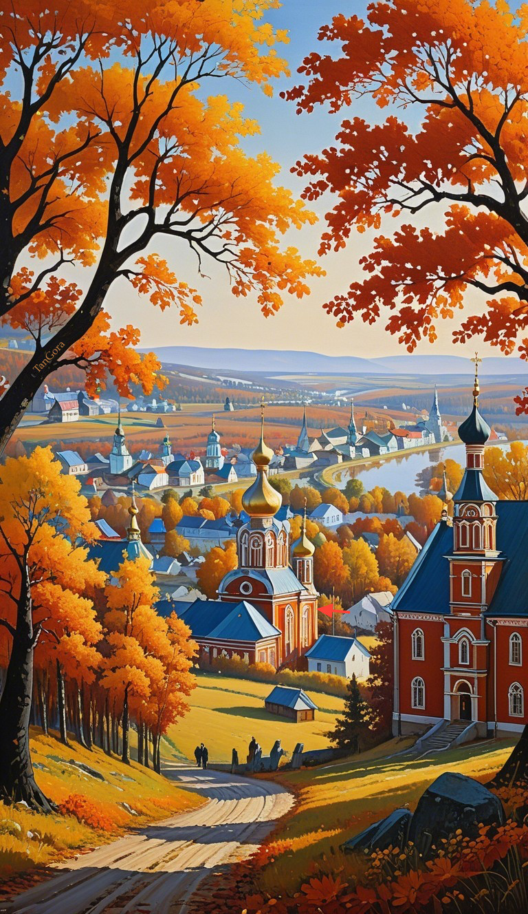 Vibrant Autumn Landscape with Serene Village and Hills