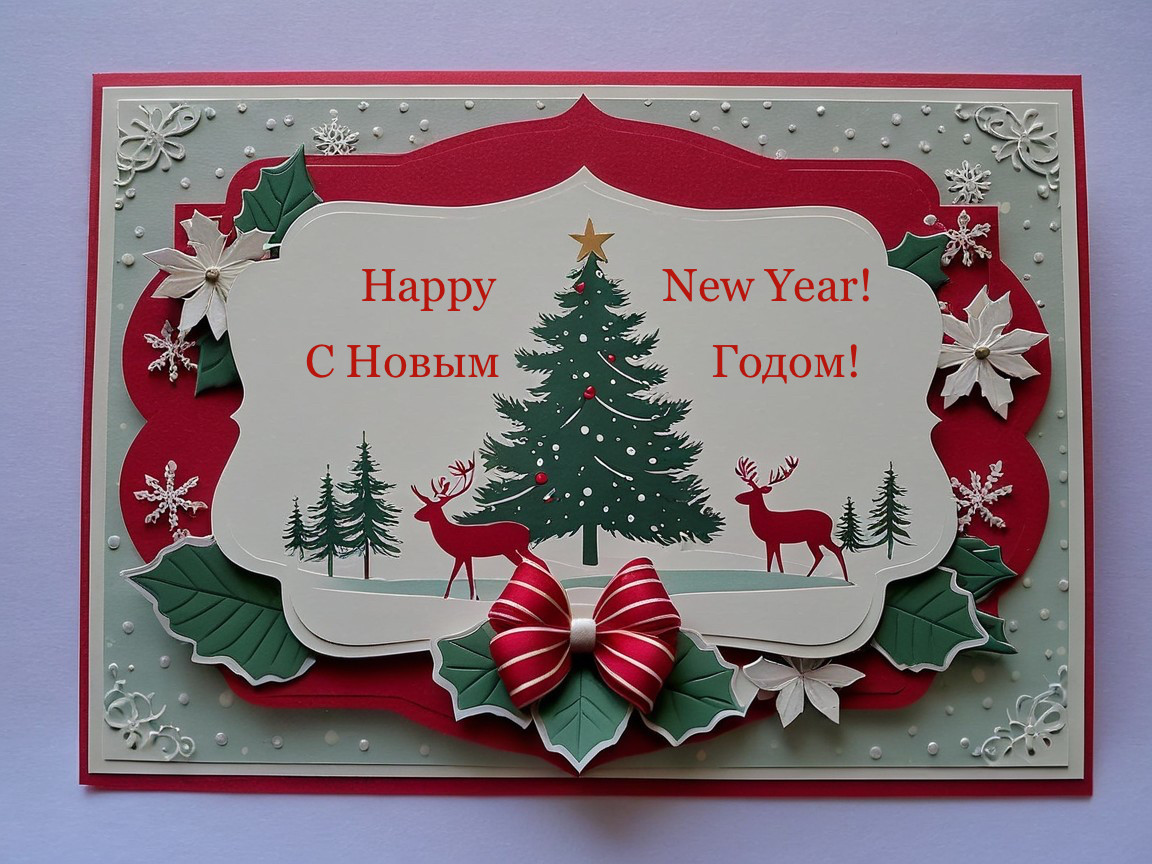 New Year Greeting Card with Christmas Tree and Reindeer