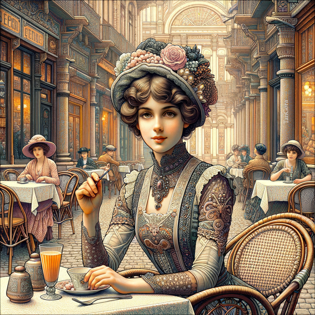 Stylish Woman in Vintage Dress at Elegant Café Table