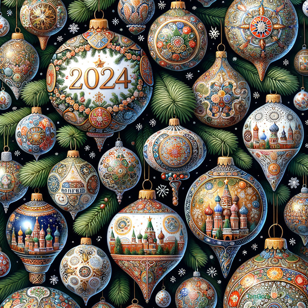 Decorated Christmas ornaments with intricate patterns and "2024" text on pine branches