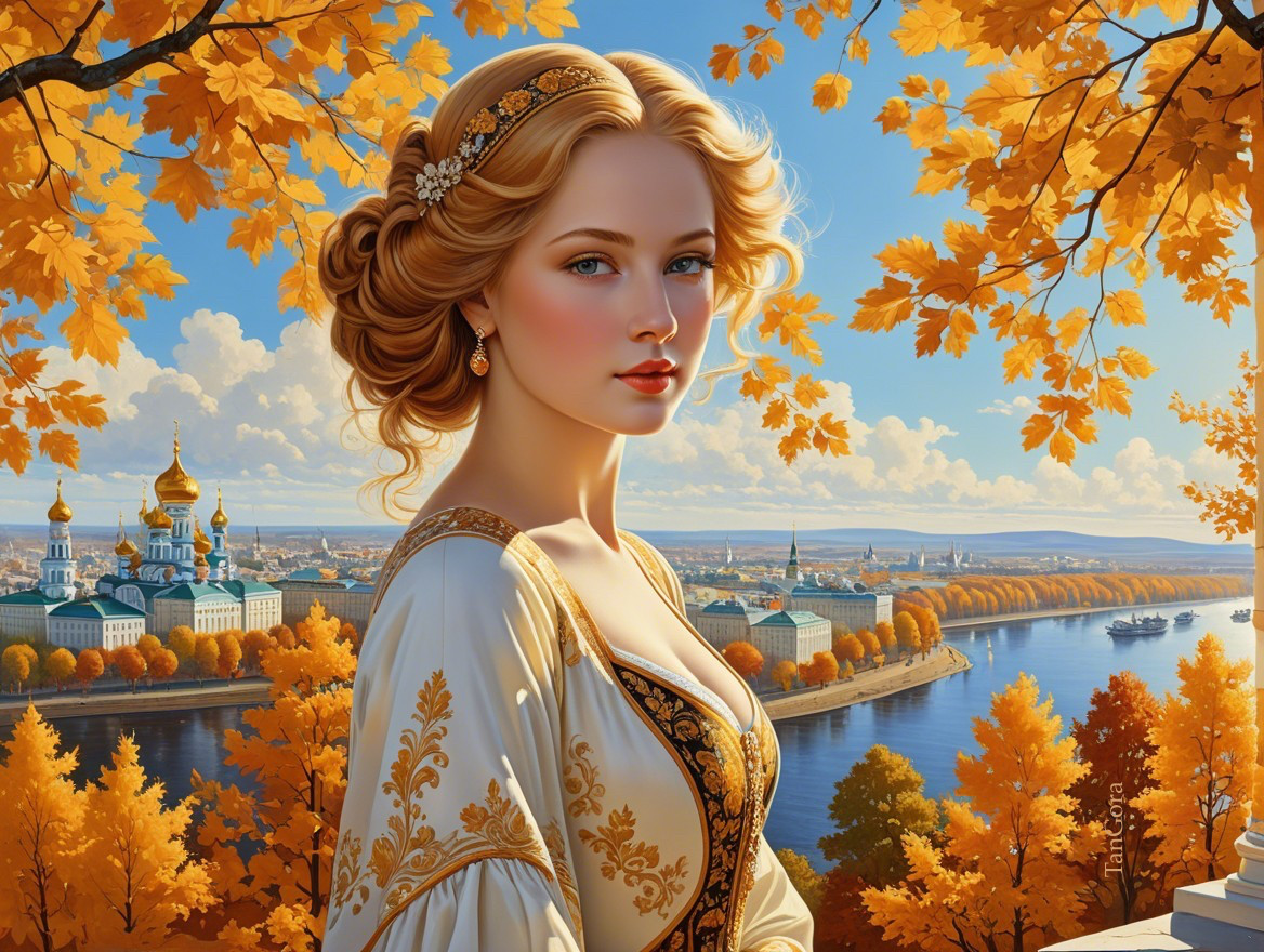 Serene Woman in Elegant Dress Amidst Autumn Landscape