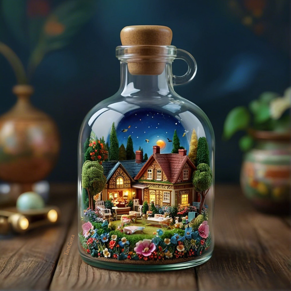 Miniature Cottage Scene in Glass Jar with Lights