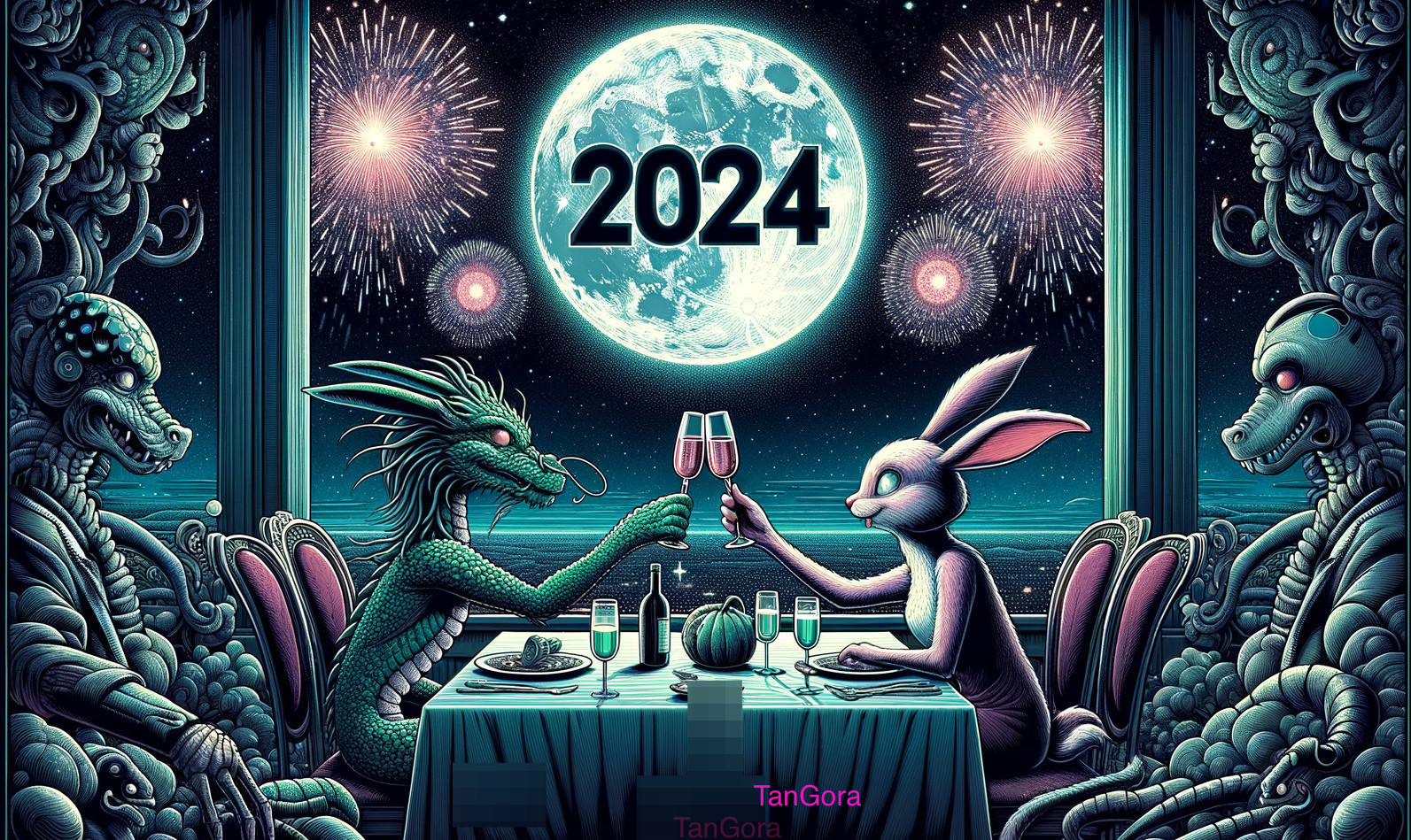 Dragon and rabbit dining with cosmic view and bold "2024