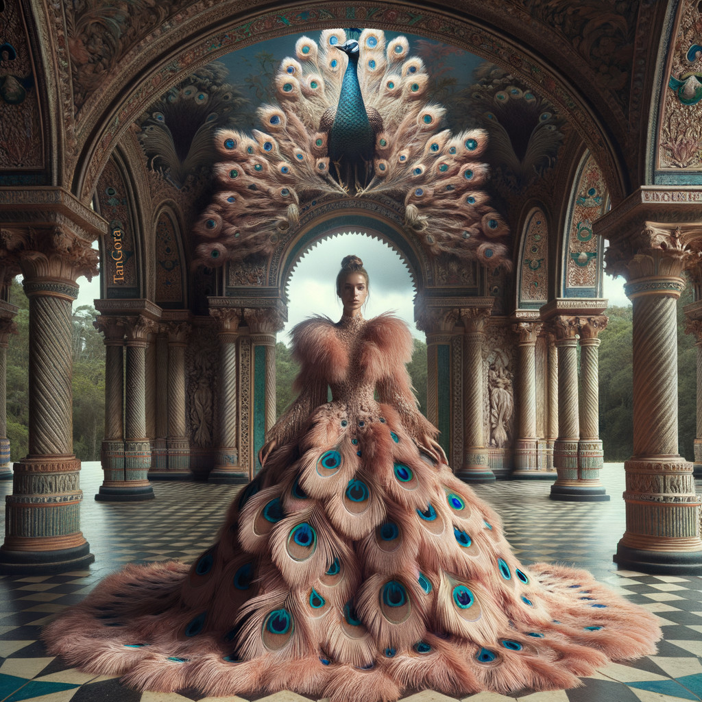 Majestic Woman in Ornate Palace with Peacock Gown