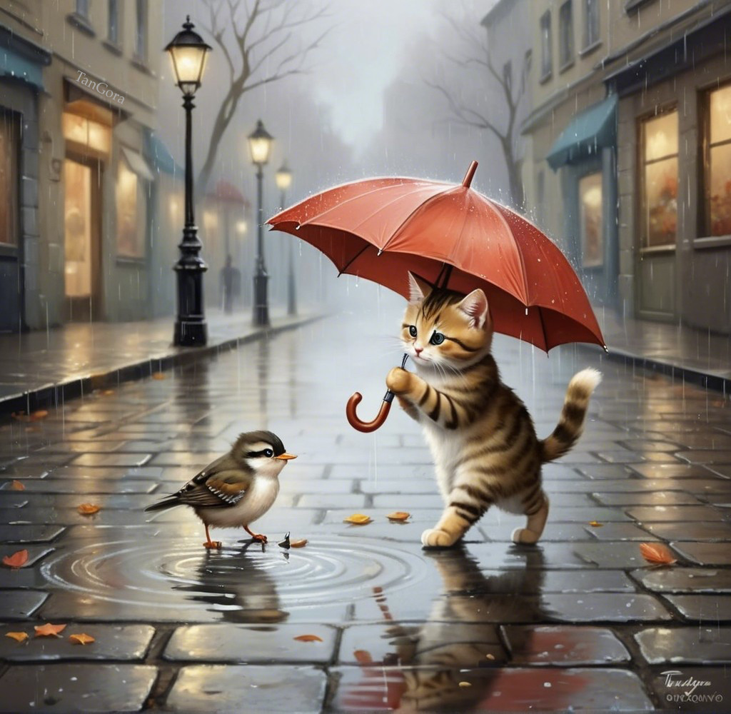 Striped Cat with Umbrella in Rainy Cobblestone Scene