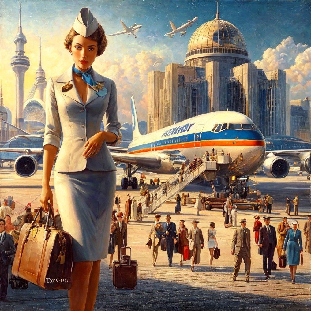 Vintage Airport Scene with Flight Attendant and Airliner