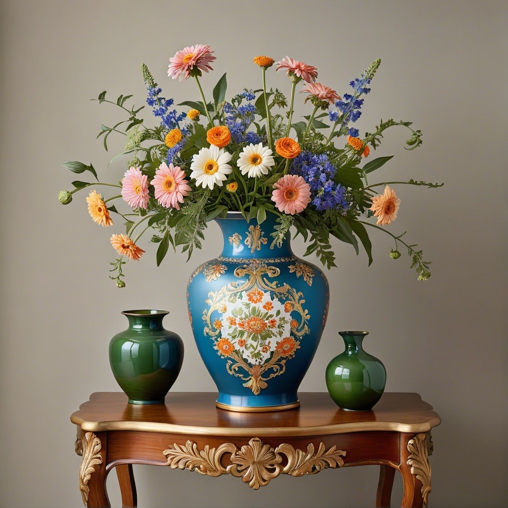 Vibrant Floral Arrangement in Ornate Blue Vase