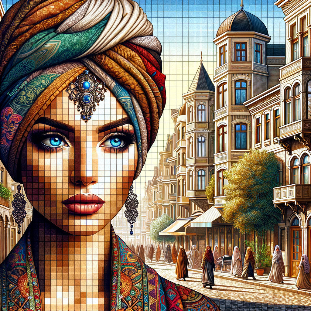 Vibrant Woman in Turban Against Historic Street Scene