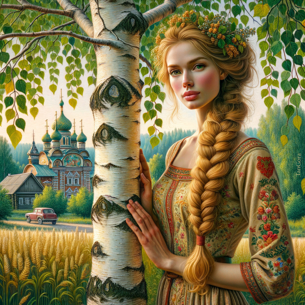 Young Woman in Embroidered Dress by Birch Tree