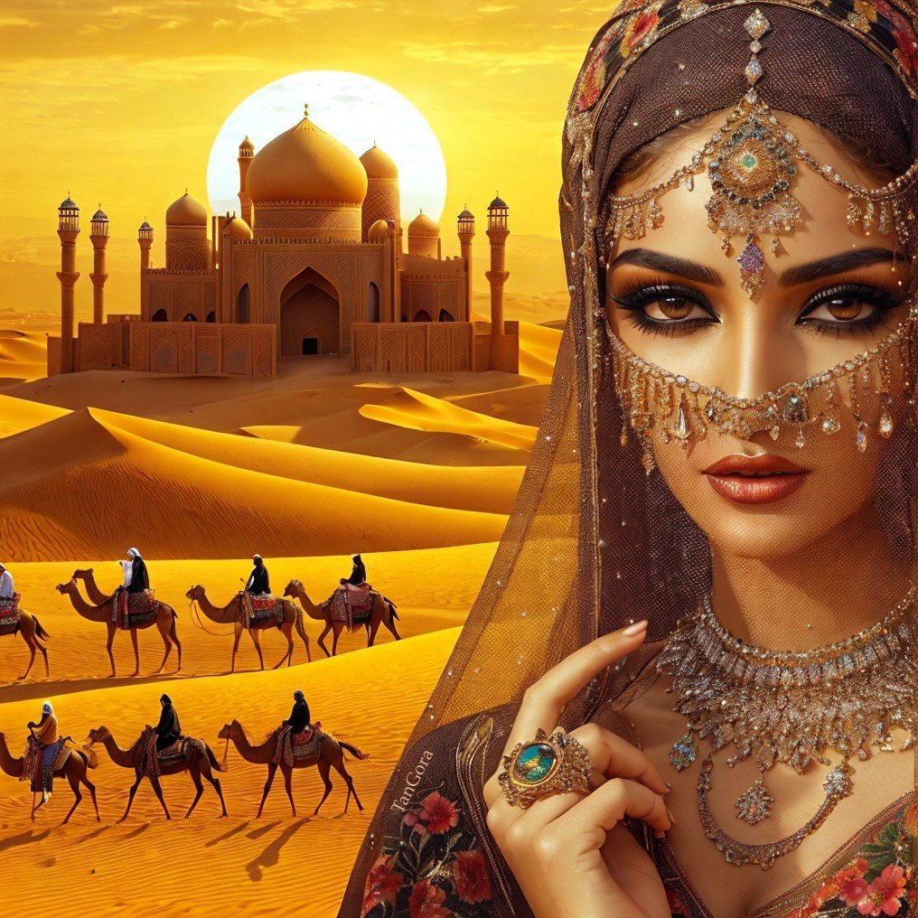 Woman in Jewelry with Sunset and Palace Backdrop