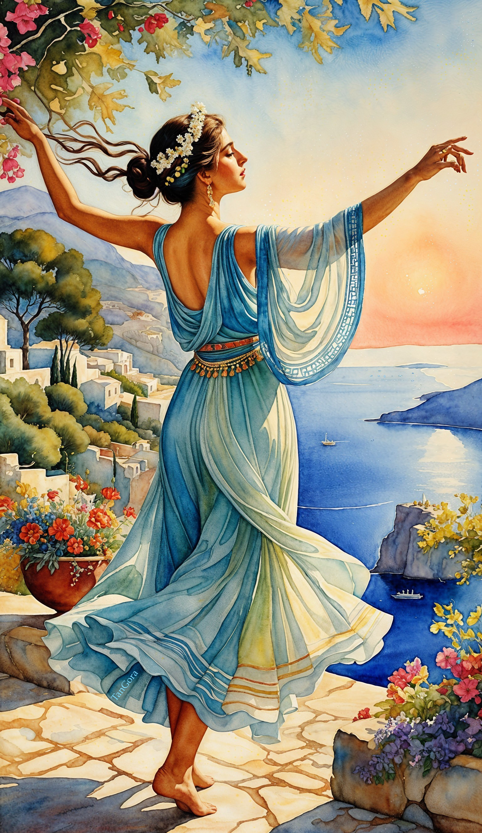 Woman in Blue Dress on Sunlit Terrace by the Sea