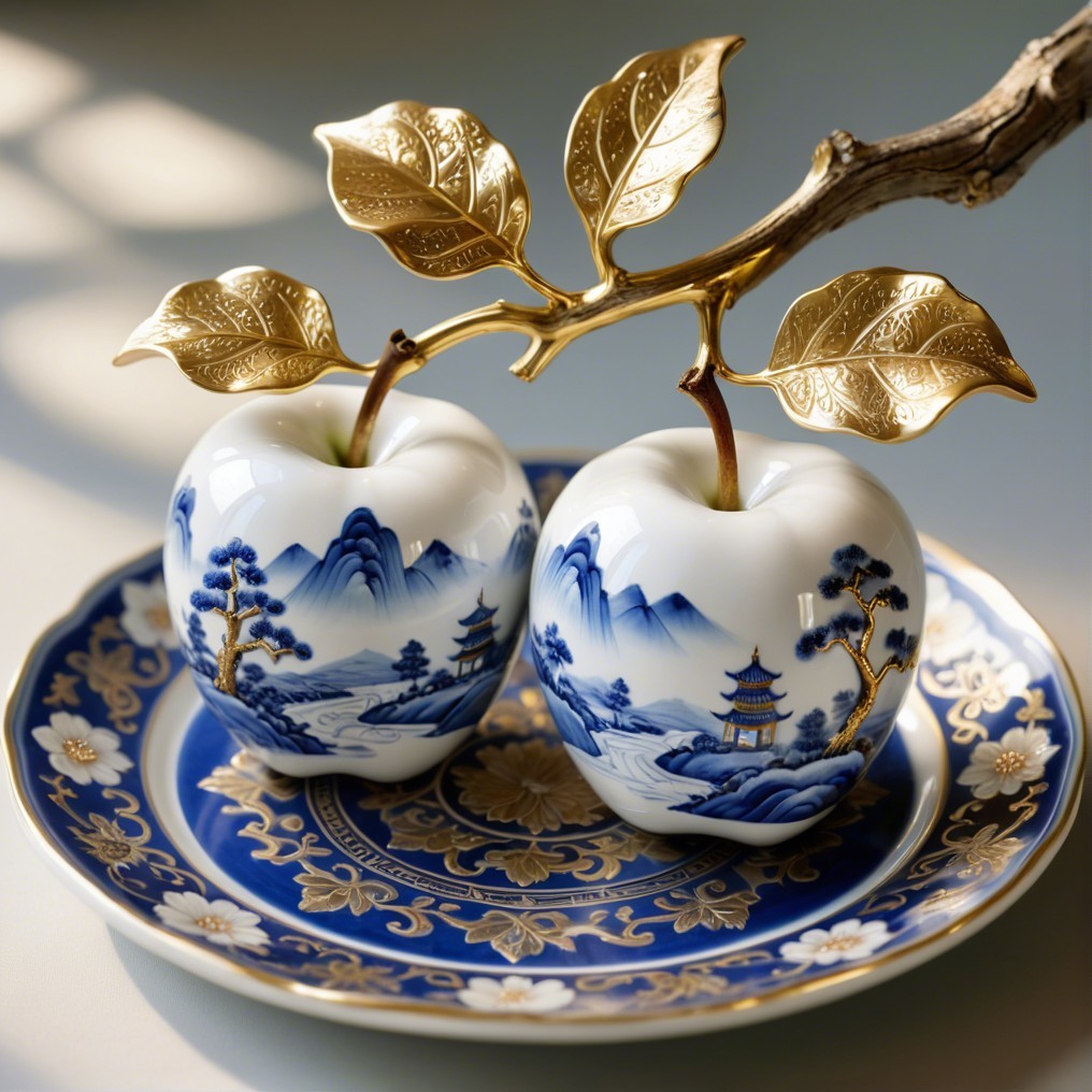 Porcelain Apple Figurines on Decorative Plate