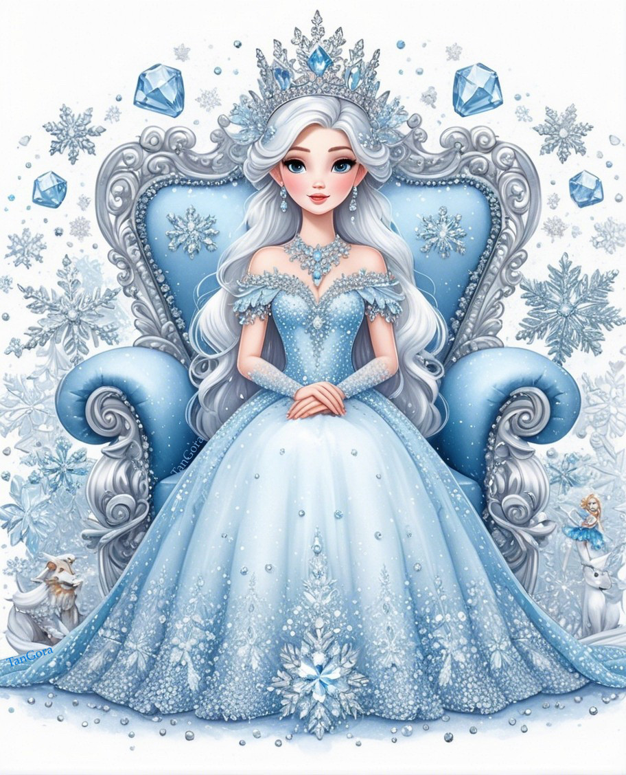 Regal figure on ornate throne in winter wonderland